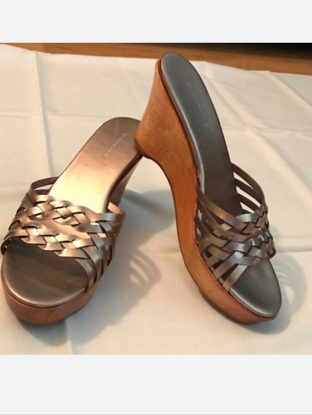 Metallic Bronze Leather Wedge Slide Sandals